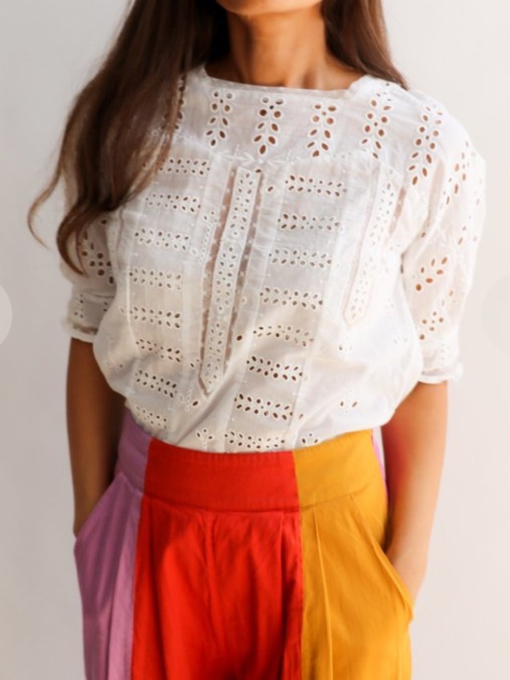 EUC Maje White Eyelet Lace Cotton Short Sleeve Blouse Square Neck Designer 2